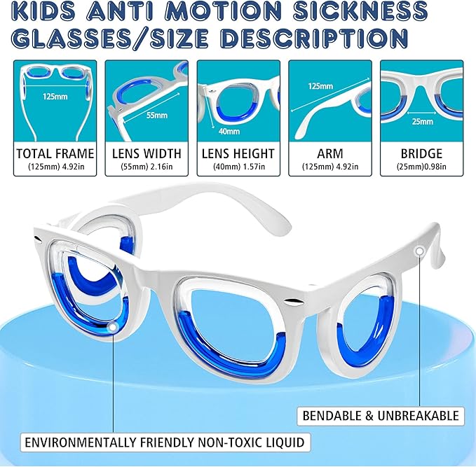Hion Kids Anti-Motion Sickness Smart Glasses (for 3-8 Year Olds) – Ultra-Light Portable Nausea Relief Liquid Glasses for Carsickness, Airsickness, Seasickness – Kids Travel/Cruise Essentials (White)