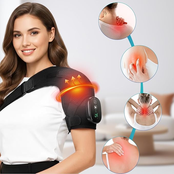 Shoulder Heating Pad with 3 Vibration Modes, Portable Electric Cordless Shoulder Massager,Shoulder Wrap Pain Relief Ideal Gifts for Men, Women, Seniors - Black