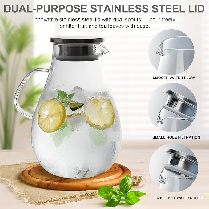 1.5L Medium Glass Pitcher Water Jug with Lid – Heat Resistant Borosilicate Glass Jug for Iced Tea, Lemonade, or Cold Brew Coffee