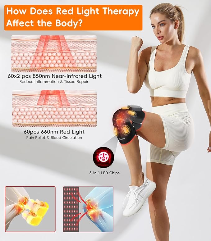 Upgraded Red Light Knee Massage Brace with 360° Vibration, Cordless 850nm Infrared Knee Therapy Devices Pain Relief, 5000mAh Red Light Therapy Wrap with Timer for Body Relaxation, Xmas Gifts