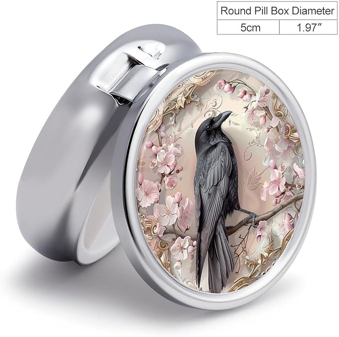Pill Box-3 Compartment Small Pill Case, Portable Round Pill Box for Pocket or Purse, Decorative Metal Medicine Vitamin Organizer. (Bird)