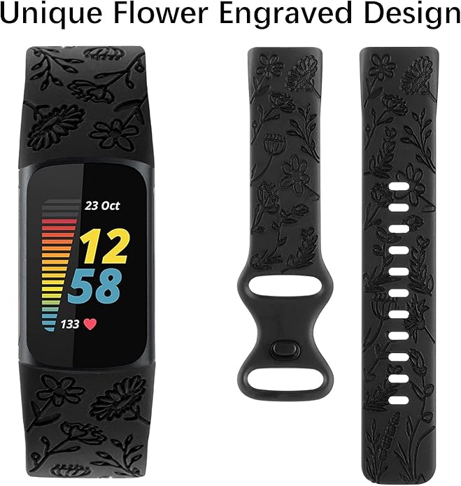 Flower Engraved Bands Compatible with Fitbit Charge 5 Band/Charge 6 Bands Women Cute Floral Engraving Soft Silicone Sport Strap Replacement Wristband for Fitbit Charge 5/6 Tracker Accessories