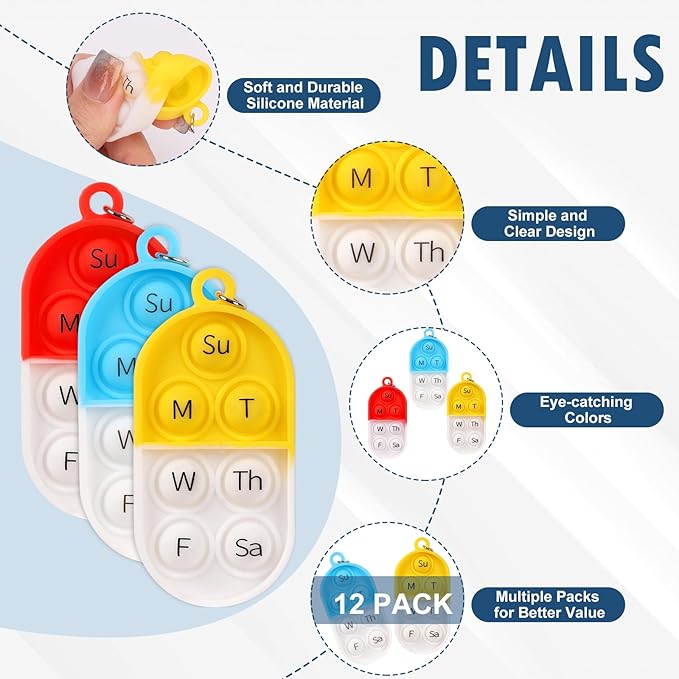 12 Pack Medication Pill Tracker Pill Reminder with Ties Reusable Daily Pill Tracker Portable Pill Bottle Tracker with Button 7 Day Memory Aid Medication Dose for Bottles The Elderly (12)