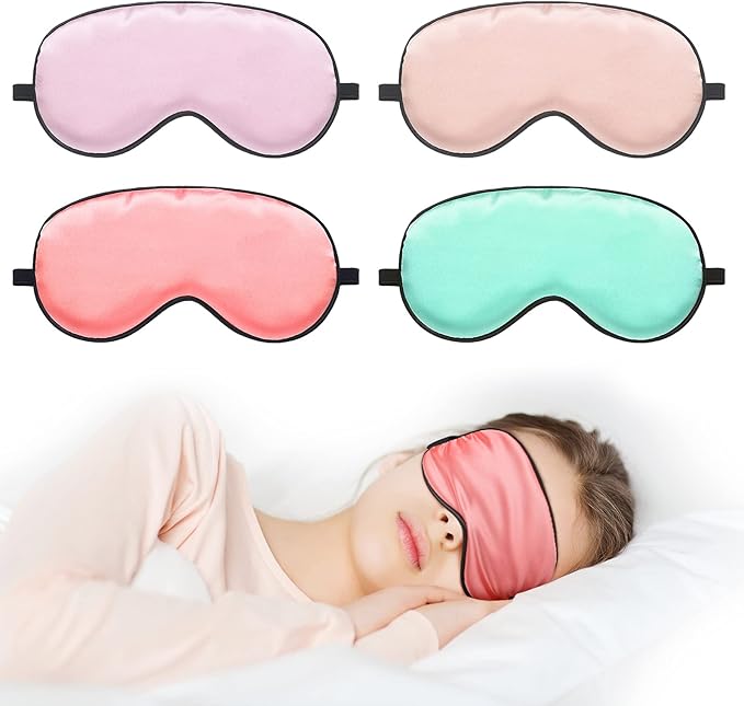 Sintege 4 Pcs Silk Eye Mask for Sleeping Kids Soft Eye Cover with Adjustable Strap Blindfold for Kids Boys Girls Christmas Travel Gift Nap Shade Blocking Light(Green, Pink, Violet, Red)