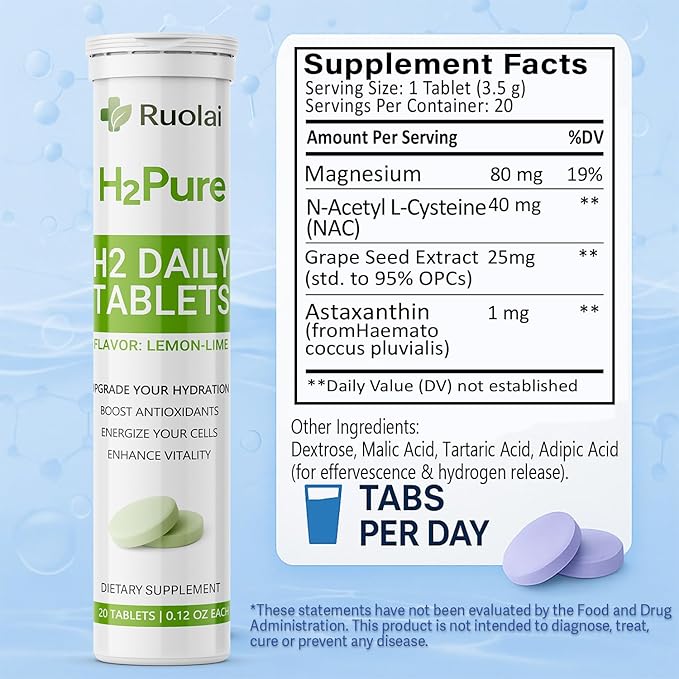 Ruolai H2pure Hydrogen Tablets – H2 Tabs – Fast-Dissolving Hydrogen Supplement for Cellular Hydration, Detox, Liver & Mental Clarity – Caffeine-Free, Vegan (Lemon-Lime)