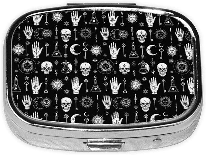 Women Men Portable Pill Organizer, Halloween Goth Gothic Raven Crow Skull Sun Moon Tattoos Pill Box, Am Pm Pill Case, Small Daily Medicine Organizer for Vitamins, Fish Oils Or Supplement
