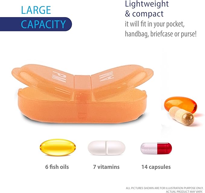 Deke Home - Pill Organizer AM PM, 2 Compartment Pill Box for Pocket or Purse, Small Daily Medicine Case, Travel Pill Holder, Easy Open Pill Container for Seniors, Vitamins & Supplements (Orange)