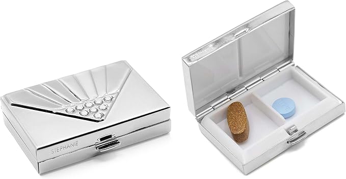 Set of 2 Rectangular-Shaped Pocket Purse Pill Box & Organizer with Dual Compartments (Silver Diamond Gem)