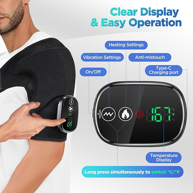 Cordless Shoulder Heating Pad, Heated Shoulder Wrap with Massage, Heated Shoulder Brace, Shoulder Massager for Pain Relief Deep Tissue (Black)