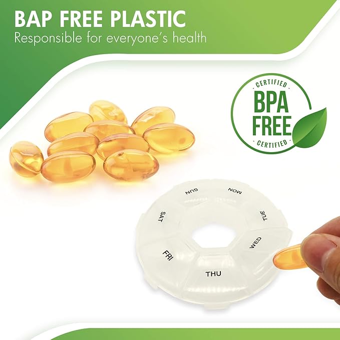 Weekly Pill Organizer Small 7 Days Pills Case, BPA-Free Pills Box Container Cases, Morning and Night Pill Boxes Hold Vitamin, Medicine(Round)