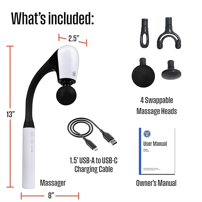 Westinghouse Long Handle Curved Massage Gun for Neck & Shoulder Pain, Rechargeable, Up to 5 Hours of Battery, 4 Head Attachments, 5 Percussion Massage Speed Levels, Deep Tissue Self Massager