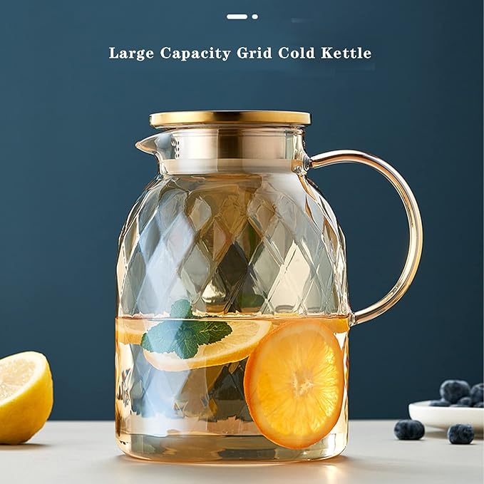 64 oz Amber Glass Pitcher with Lid and Spout Borosilicate Water Pitcher Bedside Water Carafe Vintage Glass Jug for Juice Coffee Iced Tea Hot Cold Beverage Lemonade Fridge 1.8L