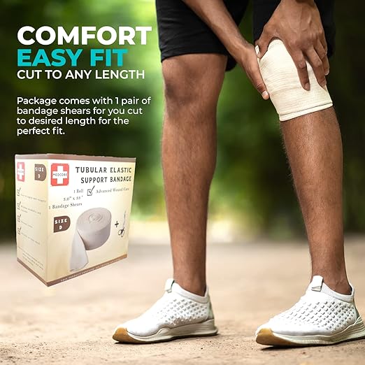 Tubular Compression Bandage Size D (3” x 33 ft) – Elastic Stockinette Support Sleeve for Elbow, Leg, Calves, Bicep & Arm – Cut-to-Fit, Washable Reusable, No Pins/Tape – Plus Medical Scissors