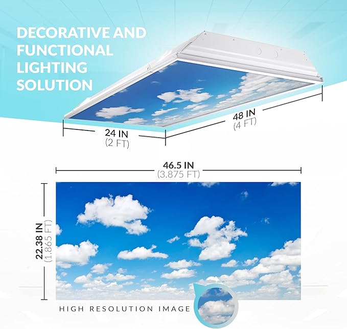 OCTO LIGHTS Fluorescent Light Covers Cloud Sky Panel for Ceiling Lights, Light Covers for Ceiling Lights Classroom 2x4 (22.38"x46.5") Backlit Film Insert for Fluorescent Light Fixtures (Pack of 1)
