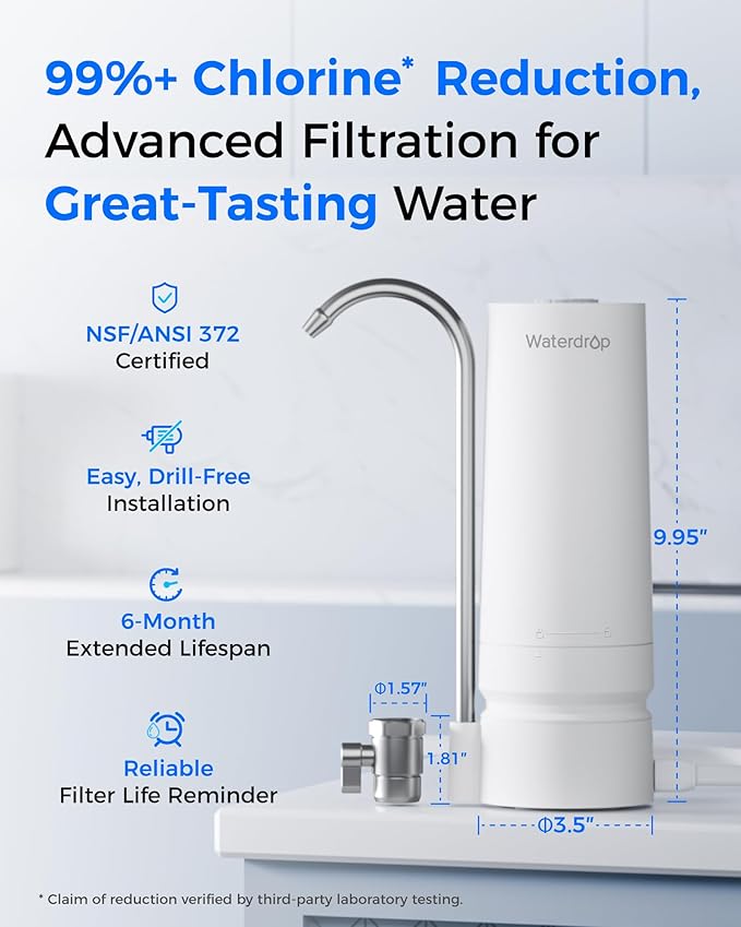 Waterdrop Water Filter for Sink Faucet, 8000 Gallons Countertop Water Filter System and Filter Life Reminder, Reduces Heavy Metals, Bad Odor, and 99% Chlorine, WD-CTF-05 (2 Filters)