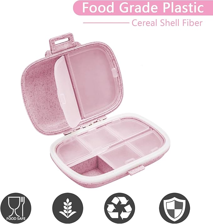 Travel Pill Organizer Small Pill Box Portable Daily 8 Compartment Pill Case for Purse Pocket Medicine Vitamin Holder Container（Wheat Pink）