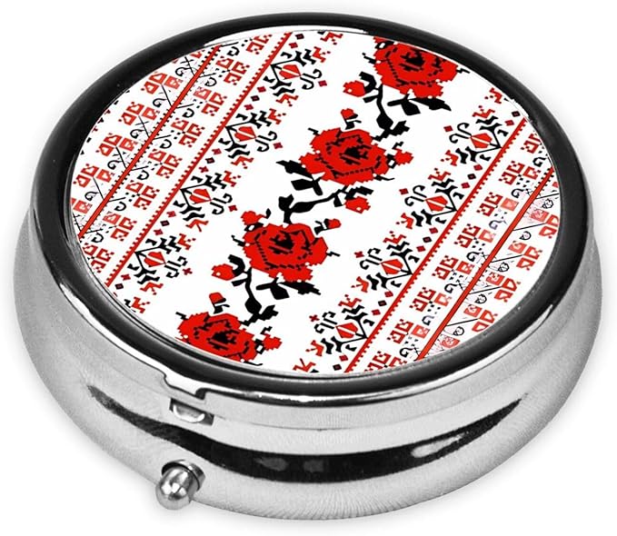 Ukrainian Embroidery Style Rose Printed Round Travel Pill Box Cute Small Metal Pocket Pill Case for Men & Women 3 Compartment Portable Pill Organizer for Purse or Pocket