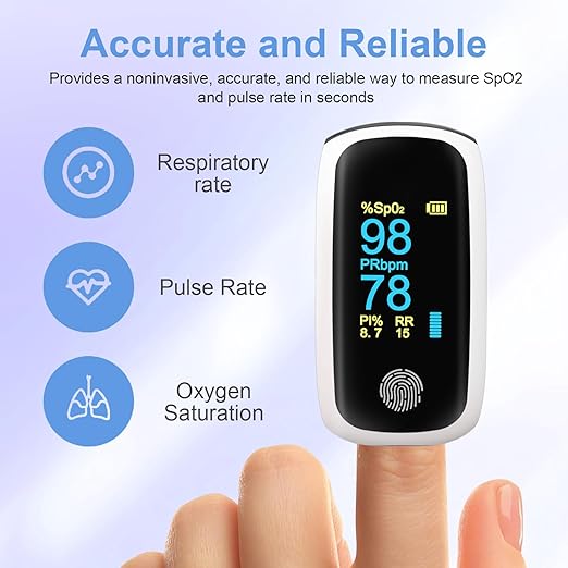 Rechargeable pulse oximeter with respiration, oximeter finger with Pulse Rate SpO2 PI PRR Fast SpO2 Reading Home Outdoor Athletic Sports White