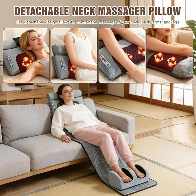 Full Body Massage Mat with Heat, Detachable Neck Massager & Foot Massager, Full Body Vibration Massage Mats with Lumbar Pillow, 9 Vibration 3 Timer Settings, Gift for Men Women