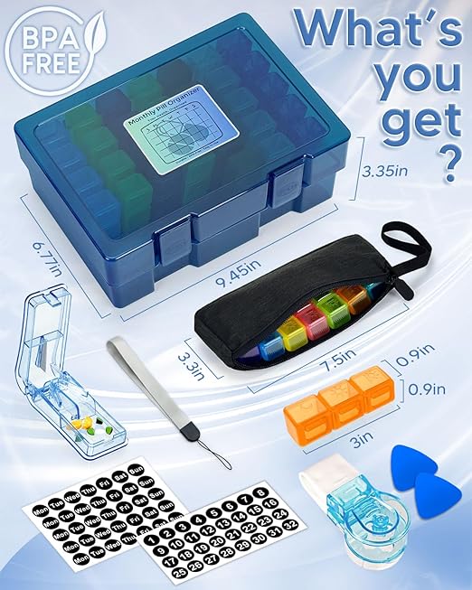 Monthly Pill Organizer 3 Times a Day, FRIWOLE Medicine Box with Portable Weekly Pill Bag, Pill Taker Remover, Pill Cutter and 2 Sticker (Blue, 3 Times a Day)