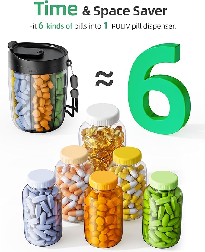 PULIV Large Pill Bottle Organizer, Supplement Organizer for Holding 6 Various Vitamins, Pill Box Case with Anti-Mixing & Wide Opening Design, Easy to Retrieve Meds, Includes 20 Pcs Stick-on Labels