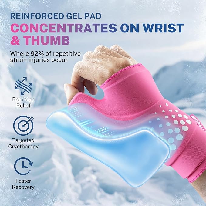 Thumb & Wrist Ice Pack Wrap, Thickened Ice Gel Pad, Ergonomic Fit, Long Lasting Cold & Warm for Carpal Tunnel Relief, Arthritis, Computer Overuse Injuries, Post-Surgery, Post-Workout, Pink, Size S/M