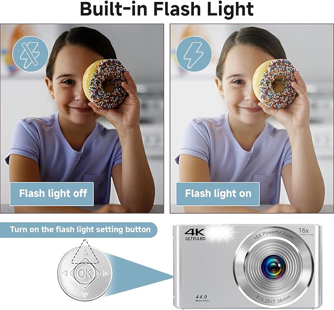 Digital Camera, 2026 4K Autofocus Digital Cameras for Teens, Silver Point and Shoot Camera for Kids with 16X Zoom, 64GB SD Card, Compact Small for Boys Girls Teens Kids Gift
