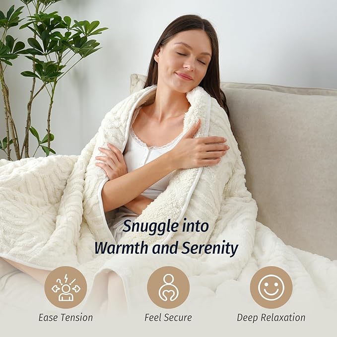 Wemore Jacquard Fleece Weighted Blanket Queen Size 60" x 80" 20lbs, Ultra Soft Cozy Sherpa Weighted Blankets for Adults, Ultra Fuzzy Heavy Blanket for Sleep, Fluffy Warm Throw for Bed, Cream White