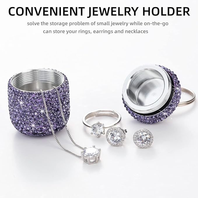 Keychain Pill Holder Bling Small Pill Box for Purse Portable Pill Case Organizer Cute Key Chain Pill Container Bottle for Capsule Vitamin Supplement(Purple)
