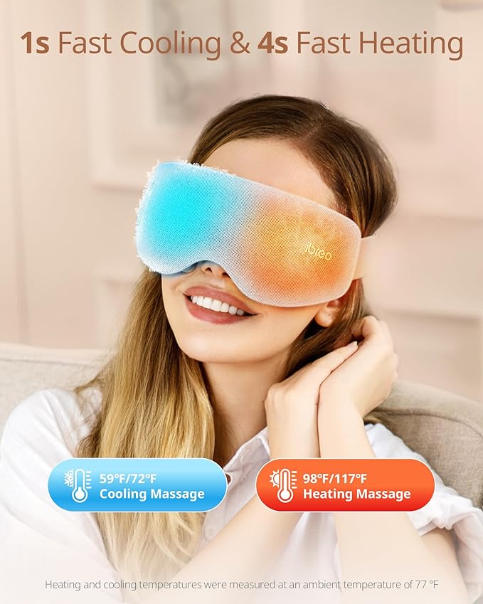 Eye Massager with 2 Level Heat & Cool, 150 Mins Uses, 3 Modes & 14 Vibration Heads, Heated Eye Mask with Bluetooth Music for Migraine, Eye Strain Puffiness and Dry Eye Relief, Eyes Care for Women Men