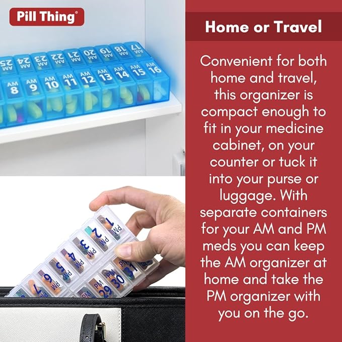Twice-a-Day Monthly Pill Box Planner Set - AM & PM Medication Organizer for 31 Days! Set Contains 2 Organizers for One Month. (Clear/Blue - 31 Day AM/PM)