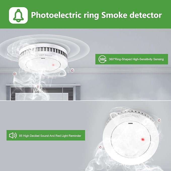 Smoke Detector10-Year Battery Powered Photoelectric with Test/Silence Button for Home Use (1 Pack)