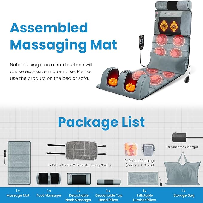 Full Body Massage Mat - 9 Massage Modes Electric Heating Vibration Massage Pad, Neck Foot Back Massage Detachable Massage Pillow, Anti-Slip Bottom Foot Massagers
