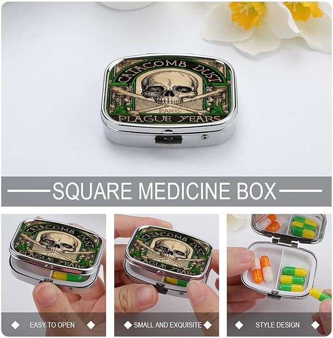 Metal 2 Compartment Pill Organizer Travel Friendly Portable Compact Box Cute Case to Hold Vitamins/Tylenol/Fish Oil/Supplements/Meds/Tablet for Purse/Pocket (Skull), 1.97 x 0.79 0.39 Inch