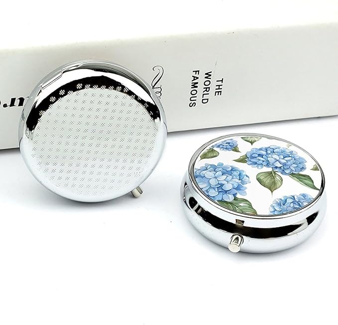 Blue Hydrangea Pattern Pill Box 3 Compartment Small Pill Case with Mirror for Purse & Pocket Travel Medicine Organizer Daily Medication Container Portable Pillbox Metal Medicine Box Round Meds Case