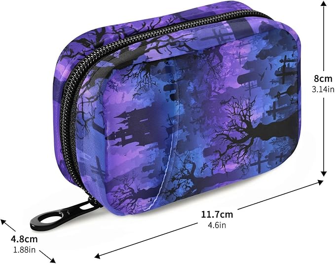 Halloween Graveyard Trees Purple Travel Pill Organizer Case Box Container Weekly Portable Vitamin Medicine Holder Storage Bag with Zipper Removable