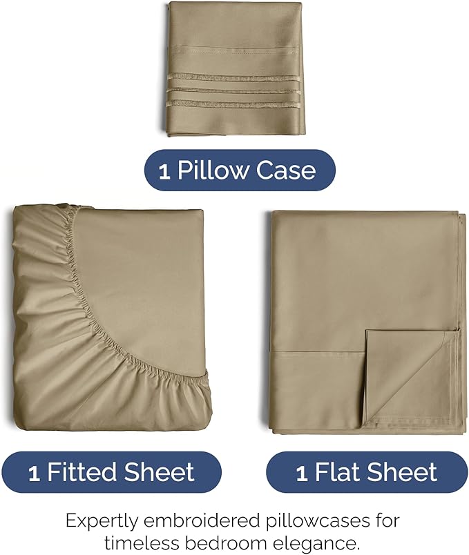 Twin Size 3 Piece Sheet Set - Extra Soft, Breathable & Cooling - Hotel Luxury Durable Bed Sheets for Women & Men - Deep Pockets, Easy-Fit & Wrinkle-Free - Light Caramel Oeko-Tex