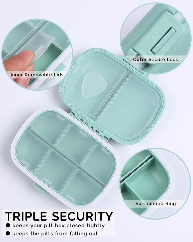 8 Compartments Travel Pill Organizer, Daily Pill Case Small Pill Box for Pocket Purse, Portable Pill Container Medicine Vitamin Organizer (Green)