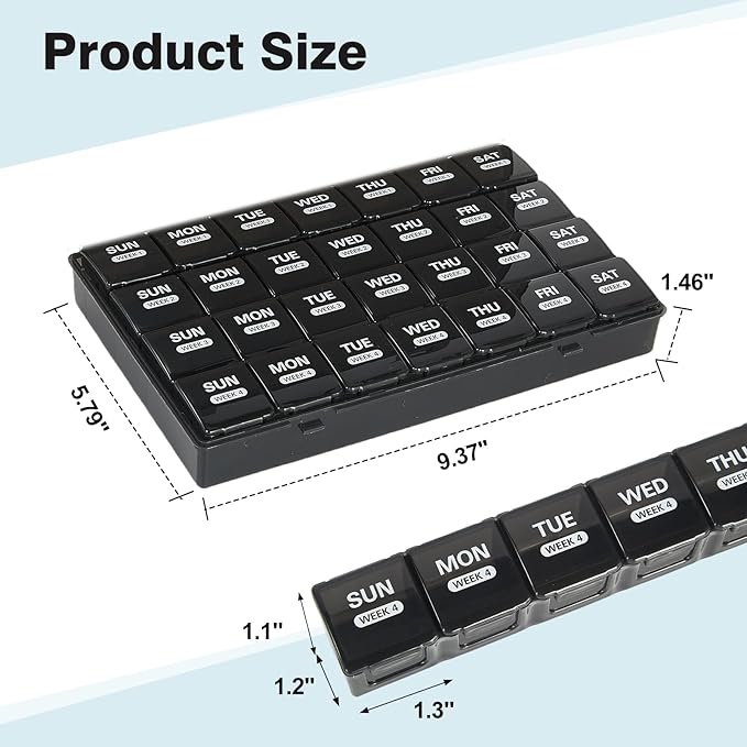 Monthly Pill Organizer, Once a Day, 4 Weeks a Month, 28 Days in a Large Pill Box, Portable for Travel, can Hold a Large Amount of Vitamins, Supplements, Fish Oil, and Medication (Black)