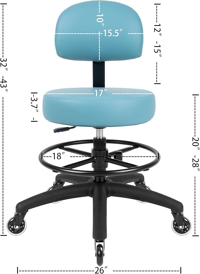 TAKE UR SEAT® Economical Multi-Purpose Medical Spa Drafting Stool with Adjustable seat and Back Height. Advanced Fabric seat Cover is Easy to Clean. Blade Wheels (Med. Bench Height Blue)