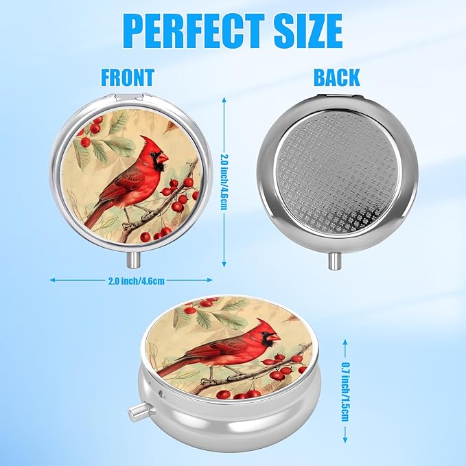 Cardinal Cherry Blossom Pill Case, Pill Box 3 Compartments Metal Small Pill Holder with Mirror Mini Travel Pill Container for Purse Pocket Women Men