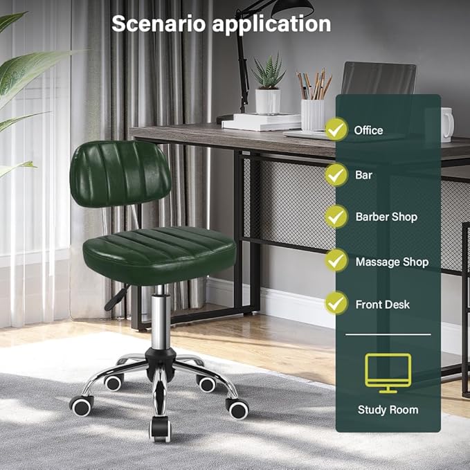 Square Swivel Stool with Wheel for Work SPA Shop Massage Height-Adjustable and Cost-Effective Rolling Stool Chair with Back (Green)
