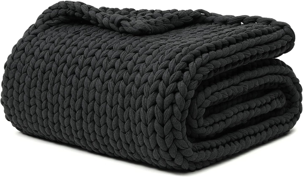 YnM 100% Cotton Weighted Blanket, Handmade Chunky Knitted Throw, No fillers Design, Soft and Breathable, Machine Washable Bed Blanket for Sleep or Home Decor (Dark Grey, 50x60 Inch, 15lbs)