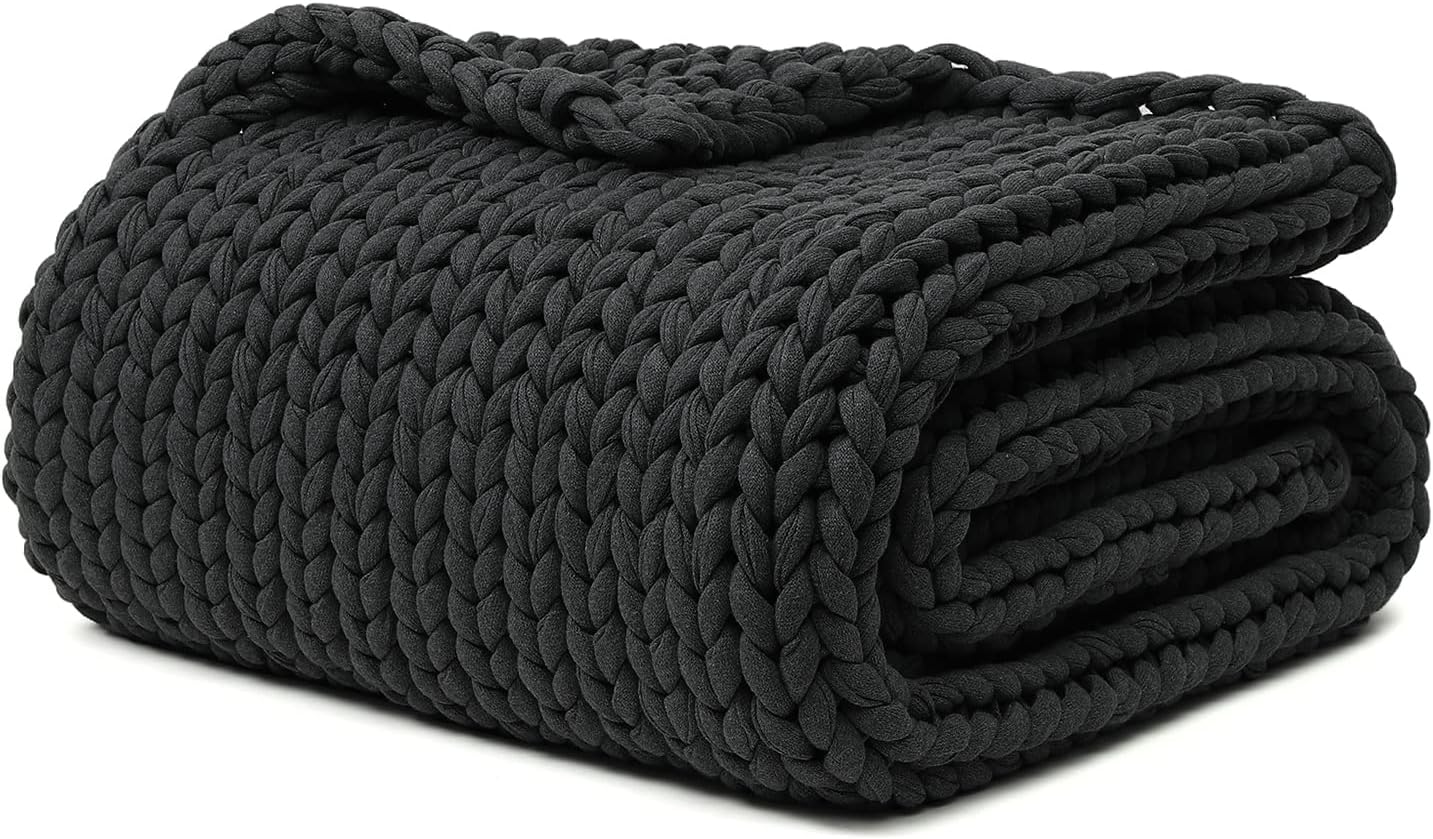 YnM 100% Cotton Weighted Blanket, Handmade Chunky Knitted Throw, No fillers Design, Soft and Breathable, Machine Washable Bed Blanket for Sleep or Home Decor (Dark Grey, 50x60 Inch, 15lbs)