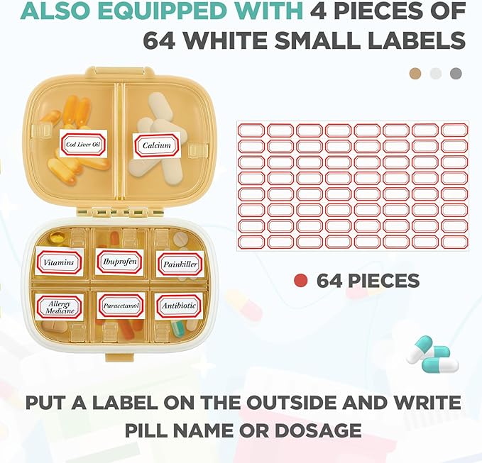 Layhit 30 Pcs Travel Pill Organizer Bulk with Labels Portable Daily Pill Dispenser 8 Compartments Medicine Storage Case for Vitamins, Fish Oils, Supplements (Yellow,Watermelon Red,Dark Blue)