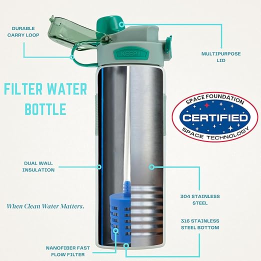 Stainless Steel Insulated Water Filter Bottle with Fast Easy Flow Suction. Filtration of Nano Plastics and Microplastics, Improves Taste for Clean Water, in Emergency, Camping, Hiking, Travel, and RV