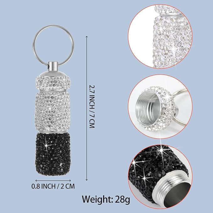 Bling Pill Case Portable Travel Pill Container Bottle Rhinestone Waterproof Small Pill Holder with Keychain Cute Mini Pill Storage Box for Outdoor Camping Case (White-Black)