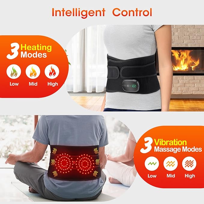 Electric Heating Massage Pad for Back, XL Heated Waist Belt Wrap with 3 Fast Heating and Vibration Massage Modes, FSA Eligible, 5000mAh Battery Operated Heat Pad for Back, Waist, Lumbar, Abdomen
