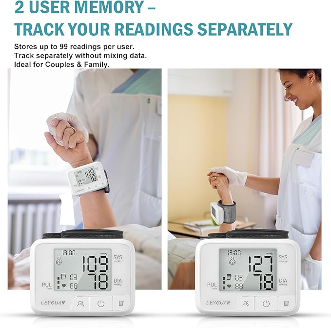 Wrist Blood Pressure Monitor – Digital BP Machine for Home Use, Large Display, Adjustable Cuff (5.3–7.6”), 99 Memory for 2 Users, Accurate & Portable Design, Portable Carrying Bag Included