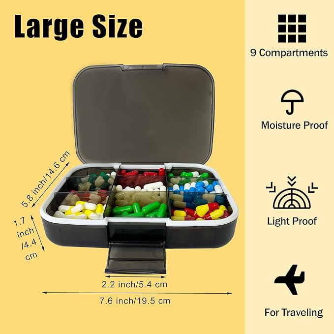 Large Pill Organizer, 7.7x5.7 Travel Vitamin Box Lightproof 9 Compartments Portable Pill Cases Supplements Dispenser Moisture Proof Pill Holder Medicine Container